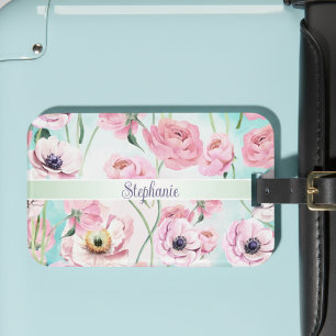Beautiful Elegant Pink Floral Roses Monogram with Luggage Tag