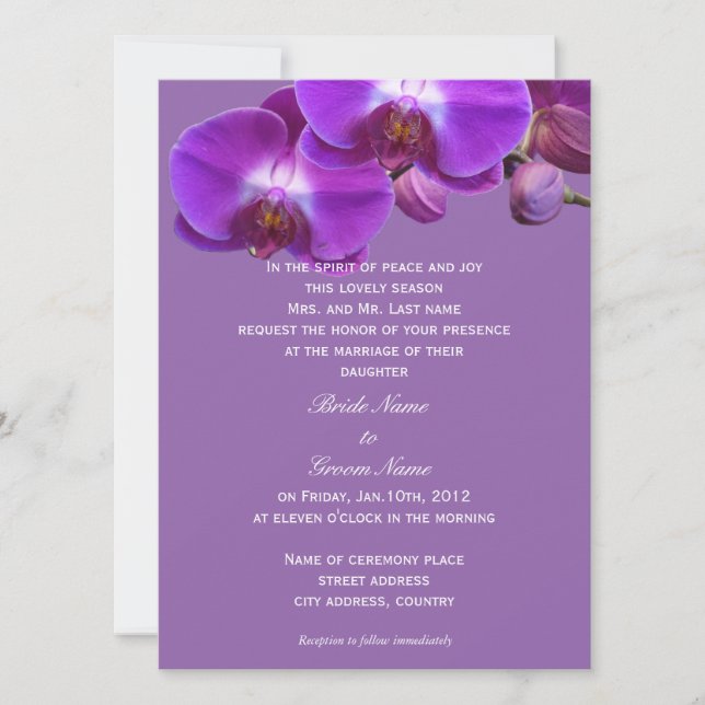 Beautiful, elegant, purple orchid flowers wedding invitation (Front)