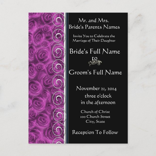 Beautiful Elegant Purple Roses Wedding Invitation (Front)