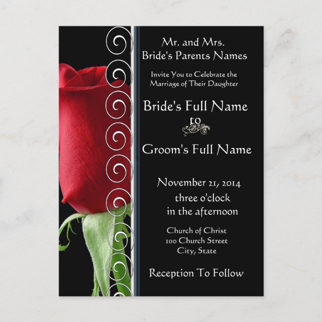 Beautiful Elegant Red Rose Wedding Invitation Postcard (Front)