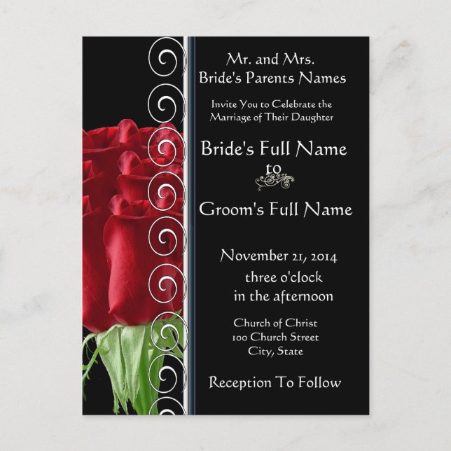 Beautiful Elegant Red Rose Wedding Invitation Postcard (Front)