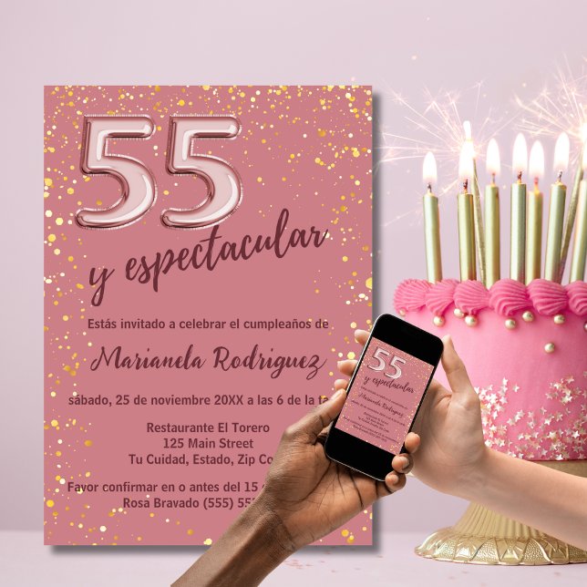 Beautiful Elegant Rose Gold 55th Birthday Spanish Invitation (Creator Uploaded)