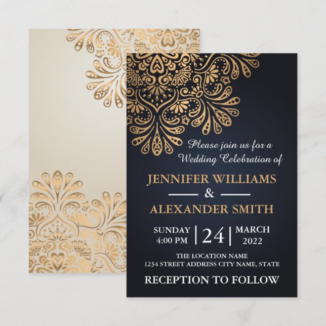 Beautiful Elegant Royal Navy Blue Wedding Invitation (Front/Back)