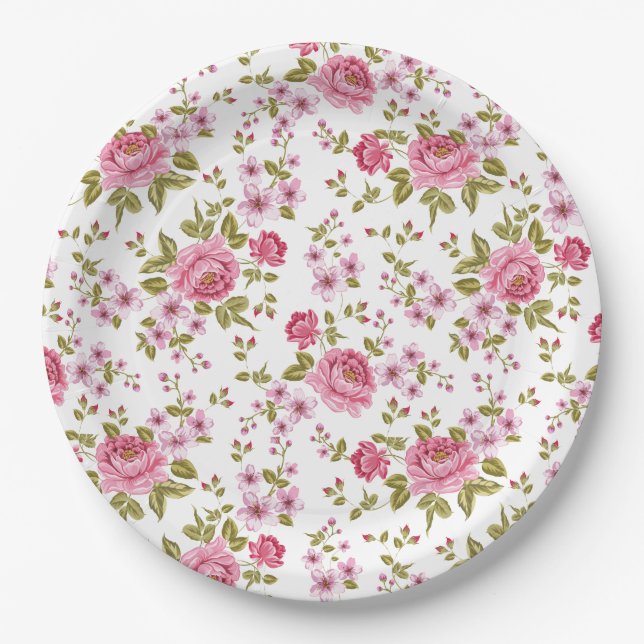 Beautiful elegant vintage floral roses paper plate (Front)