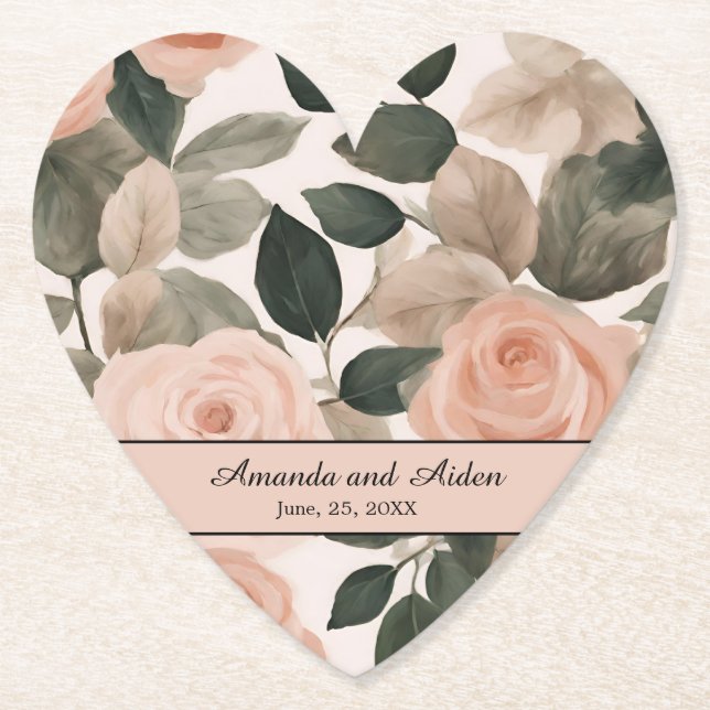 Beautiful Elegant Watercolor Blush Pink Peach Rose Paper Coaster (Front)