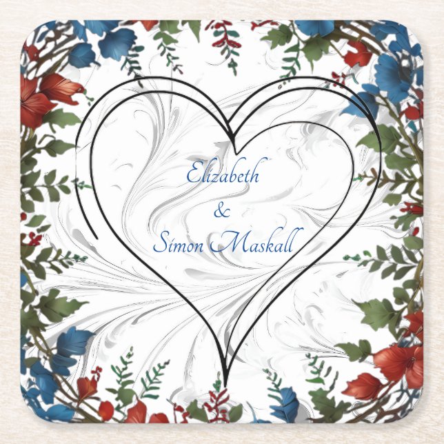 Beautiful,elegant & whimsical wedding themed decor square paper coaster (Front)