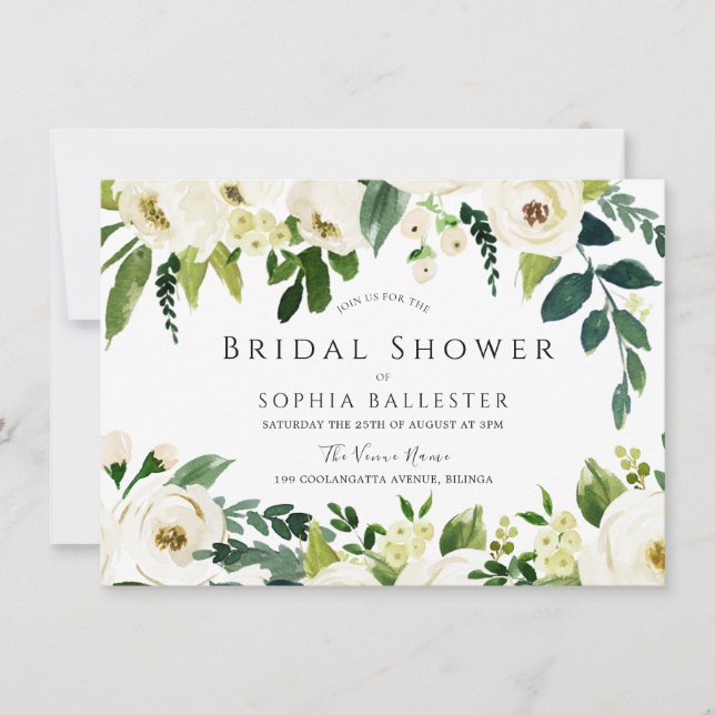 Beautiful Elegant White Floral Bridal Shower Invitation (Front)