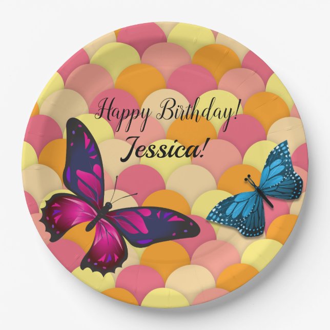 Beautiful Embellishing Butterflies Orange Scallops Paper Plate (Front)
