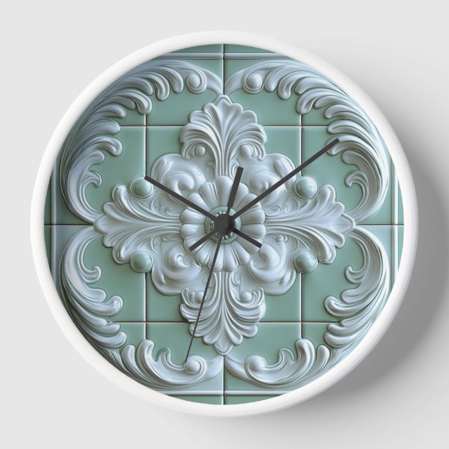 Beautiful Embossed Tile White Light Green  Clock (Front)