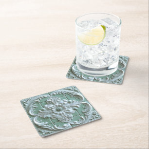 Beautiful Embossed Tile White Light Green  Square Paper Coaster