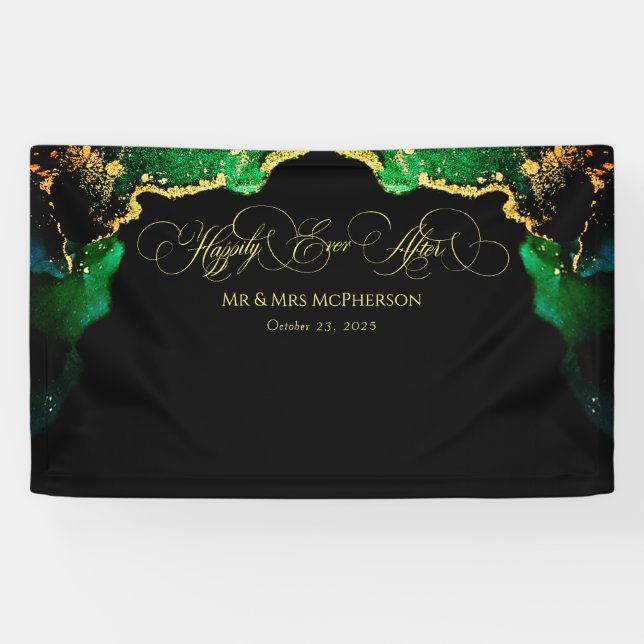 Beautiful Emerald Black Gold Wedding Backdrop Banner (Horizontal)