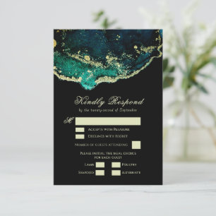 Beautiful Emerald Green Black Gold Wedding RSVP Card