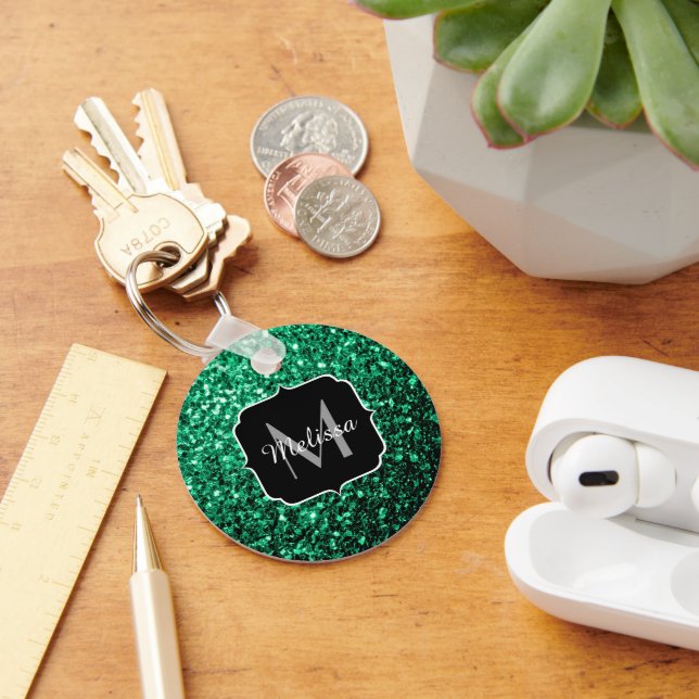 Beautiful Emerald Green glitter sparkles Monogram Key Ring (Desk)