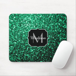 Beautiful Emerald Green glitter sparkles Monogram Mouse Mat