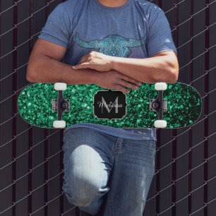 Beautiful Emerald Green glitter sparkles Monogram Skateboard