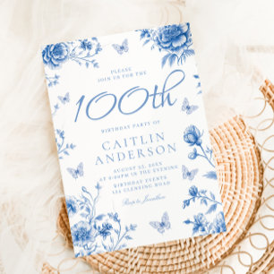 Beautiful Enchanted Blue Floral 100th Birthday Invitation