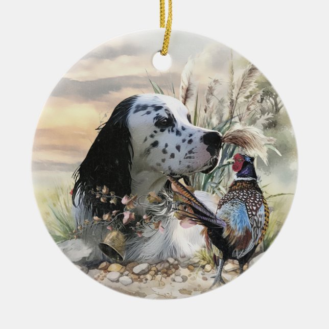Beautiful English Setter with Pheasant ,  Art  Ceramic Tree Decoration (Front)
