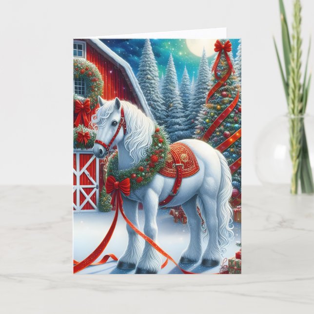 Beautiful Equestrian White Horse Christmas Holiday Card (Front)