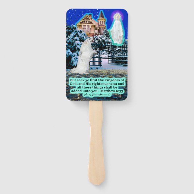 Beautiful Eskie and Angel Scripture Matthew 6:33  Hand Fan (Back)