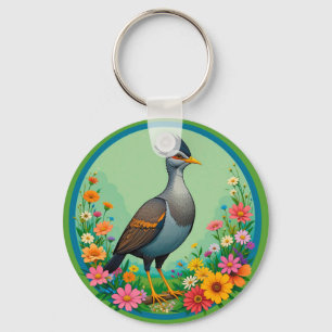 Beautiful Exotic Bird Resting Among Colourful Flow Key Ring