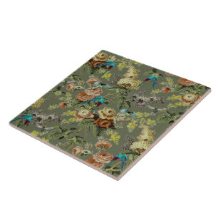 Beautiful exotic bird, Swamp Green background Tile