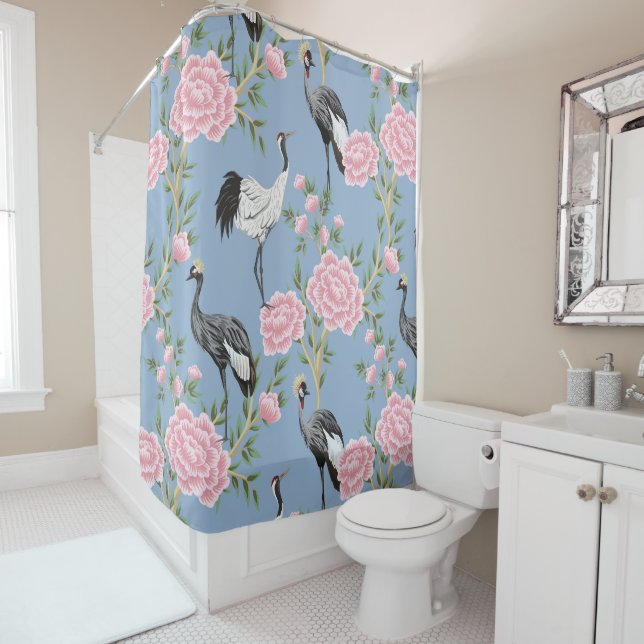 Beautiful exotic floral and bird chinoiserie shower curtain (In Situ)