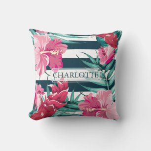 Beautiful Exotic striped Flowers Monogram Cushion