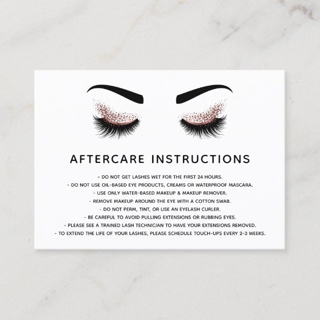 Beautiful  Eye Rose Gold glitter lashes Aftercare Referral Card (Front)