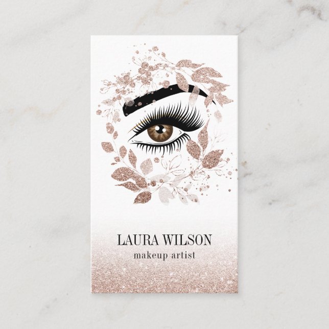 Beautiful Eye with Rose Gold Watercolor Flowers Business Card (Front)