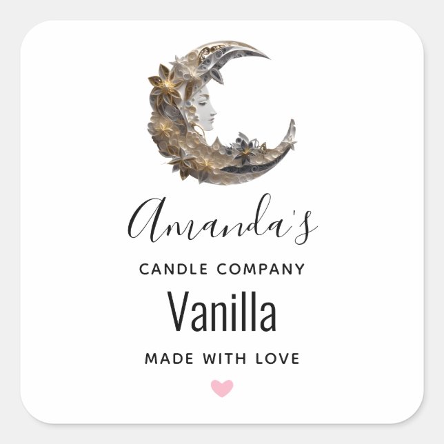 Beautiful Face in the Moon Candle Business Square Sticker (Front)