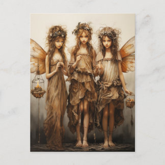 Beautiful Fairies Brown Dresses Glowing Candles Postcard