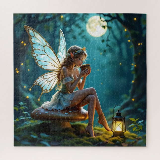 Beautiful Fairy Drinking Coffee Enchanted Forest Jigsaw Puzzle (Vertical)