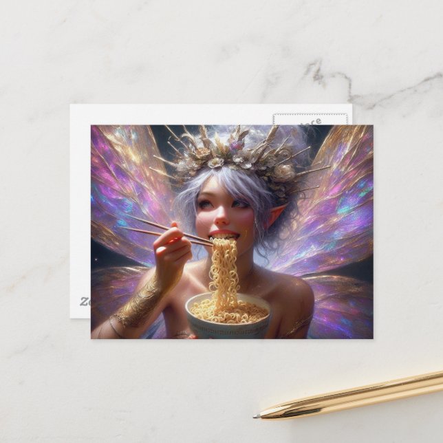 Beautiful Fairy eating some noodles Postcard (Front/Back In Situ)