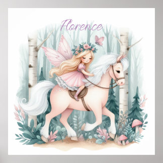 Beautiful fairy girl riding in an enchanted forest poster