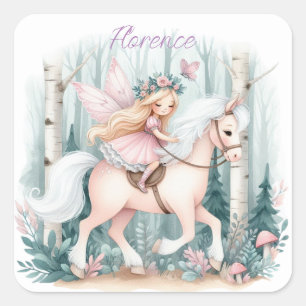 Beautiful fairy girl riding in an enchanted forest square sticker