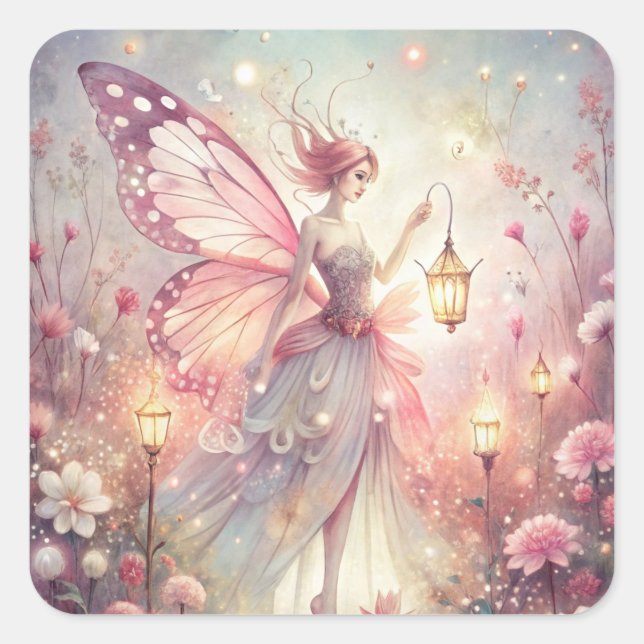 Beautiful Fairy in Garden Square Sticker (Front)
