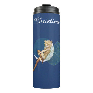Beautiful Fairy Sitting on Moon Silk Stocking Blue Thermal Tumbler