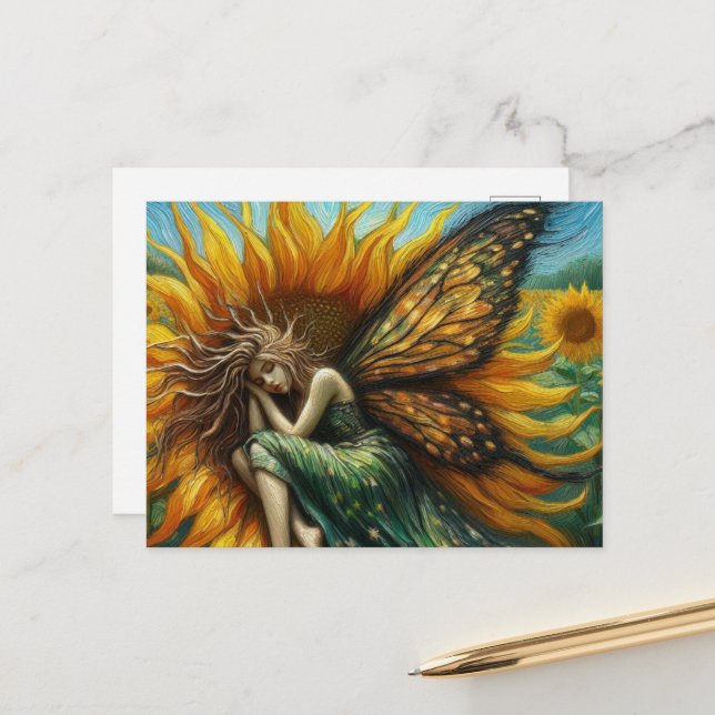 Beautiful Fairy Sleeping in a Sunflower Postcard (Front/Back In Situ)