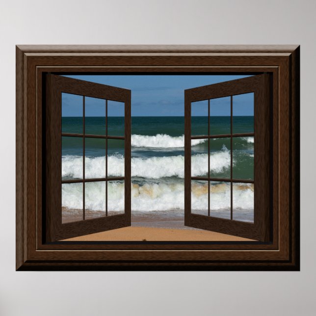 Beautiful Fake Window View Ocean Beach Waves Poster (Front)