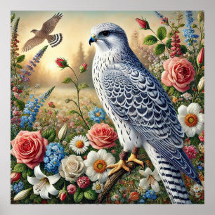 Beautiful Falcon Perched Amid Vibrant Flowers Poster
