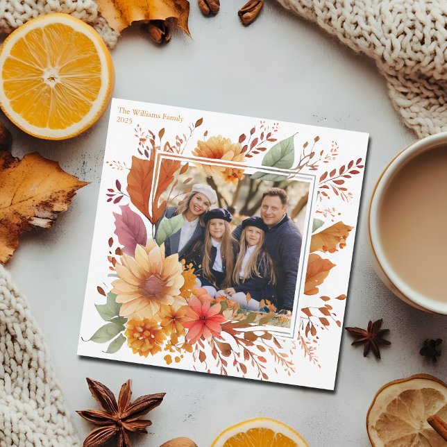 Beautiful Fall Floral Family Photo Thanksgiving Holiday Card (Creator Uploaded)
