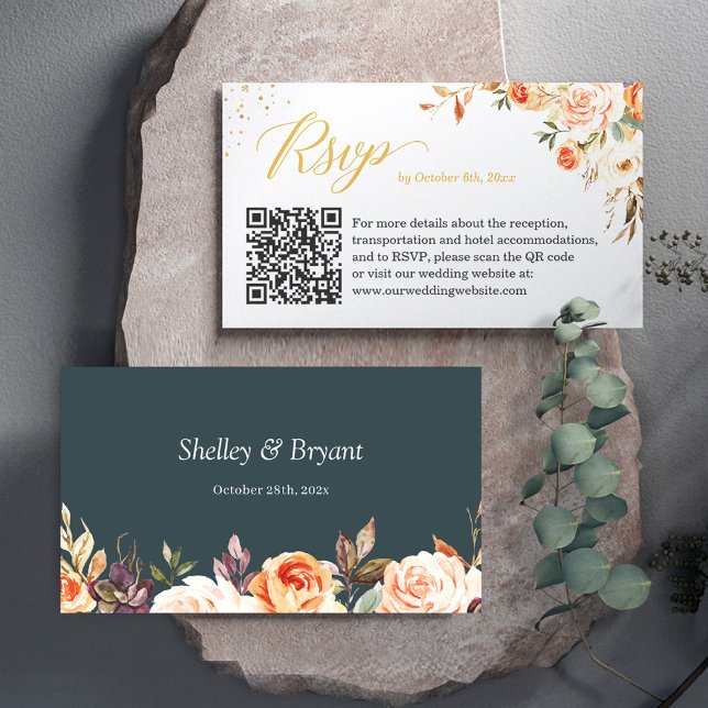 Beautiful Fall Floral Wedding Website RSVP QR Code Enclosure Card (Creator Uploaded)