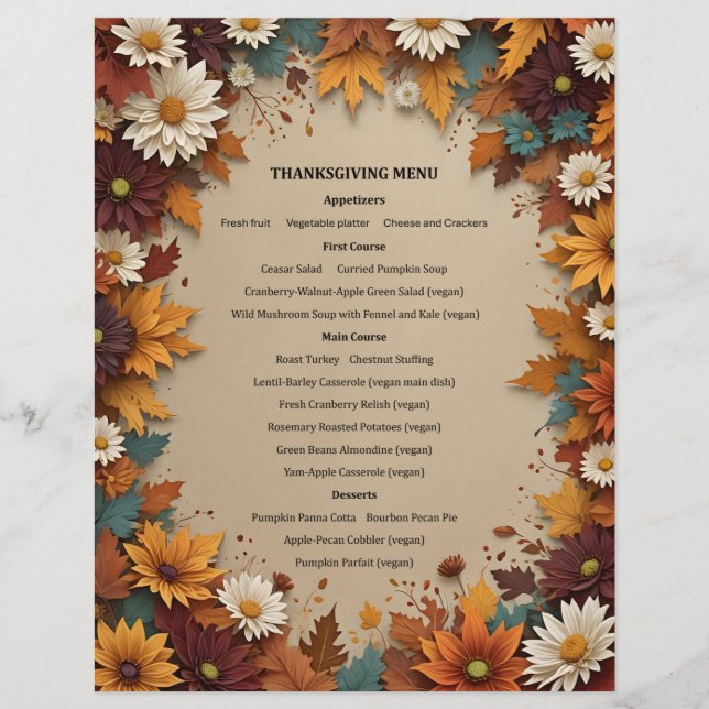 Beautiful Fall Flowers Leaves Menu Invitation Custom Letterhead (Front)