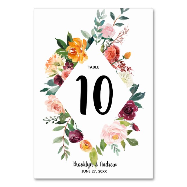 Beautiful Fall Flowers Wedding Table Numbers (Front)