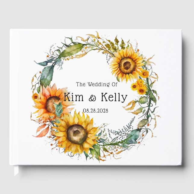 Beautiful Fall Sunflowers Airy Wreath Wedding  Guest Book (Front)