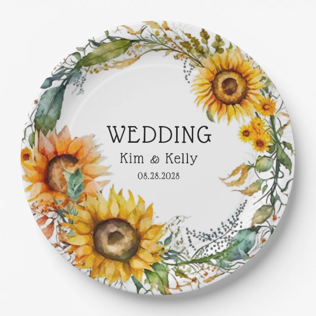 Beautiful Fall Sunflowers Airy Wreath Wedding  Paper Plate (Front)