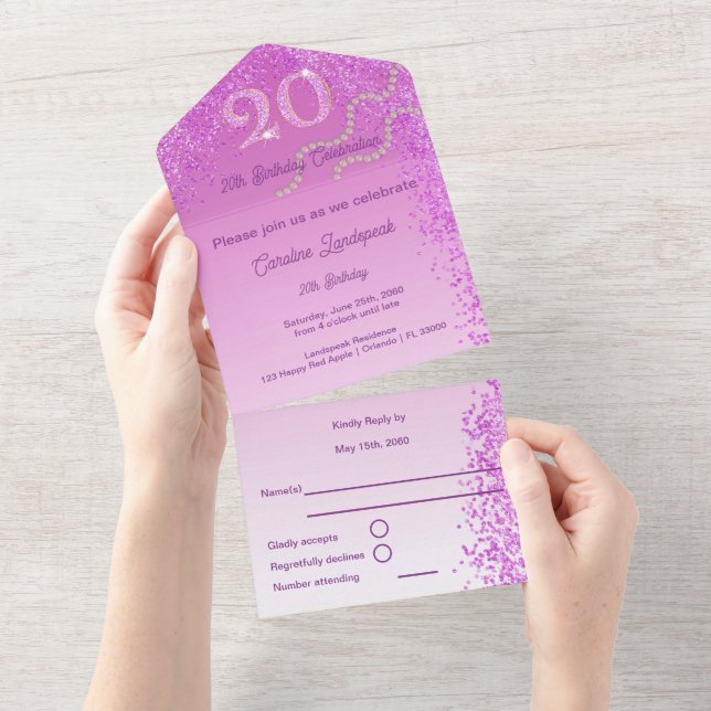 Beautiful Falling Pink Glitter 20th Birthday  All In One Invitation (Tearaway)