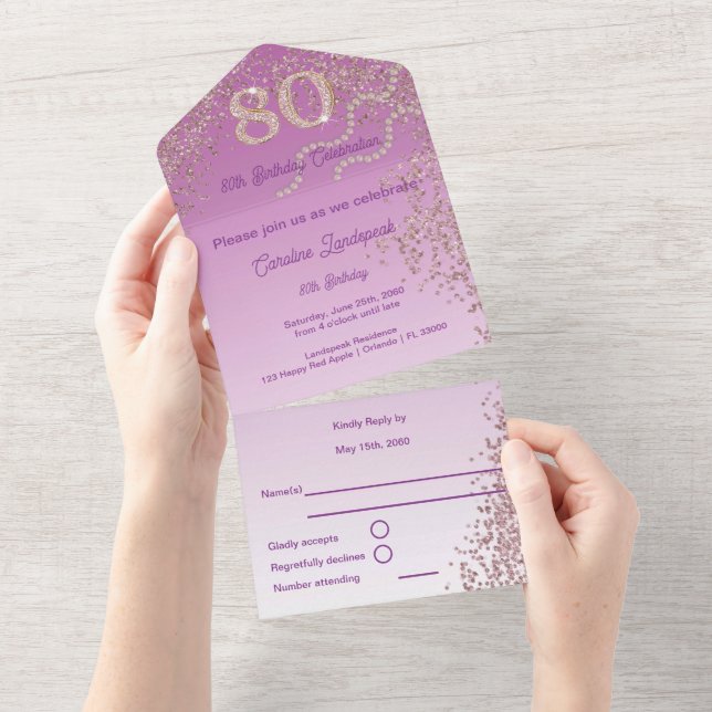 Beautiful Falling Rose Gold Glitter 80th Birthday All In One Invitation (Tearaway)