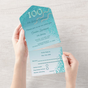 Beautiful Falling Teal Blue Glitter 100th Birthday All In One Invitation