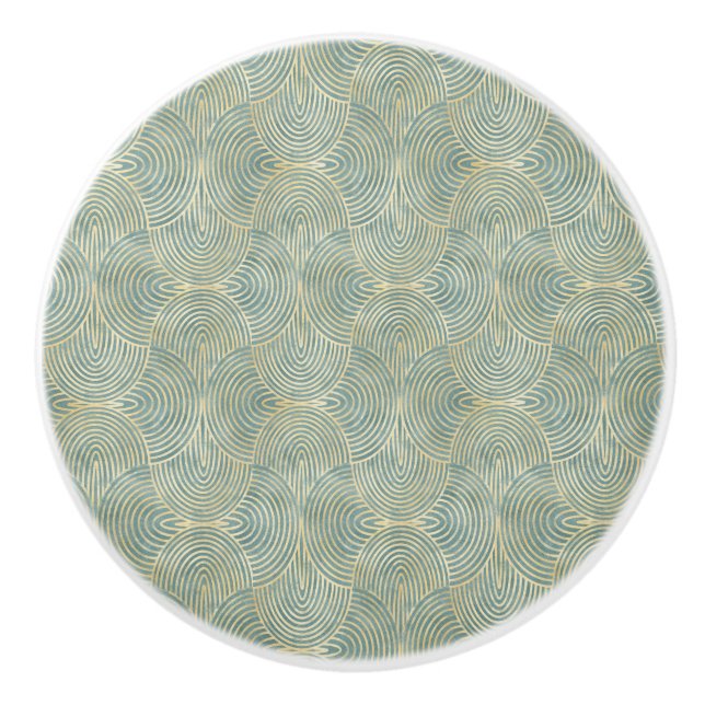 Beautiful ,fan,art deco, pattern,green colours,gre ceramic knob (Front)